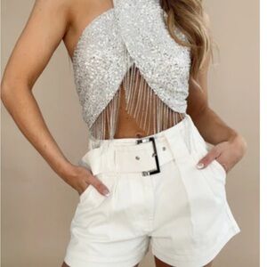 Silver Sequin Halter Top with Fringe